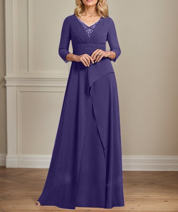 A-line V-Neck Floor-Length Chiffon Mother of the Bride Dress With Pleated Beading