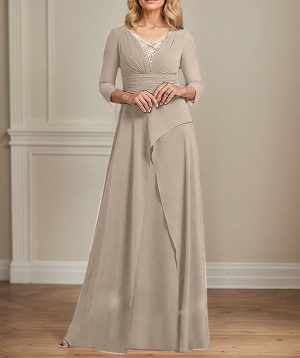 A-line V-Neck Floor-Length Chiffon Mother of the Bride Dress With Pleated Beading