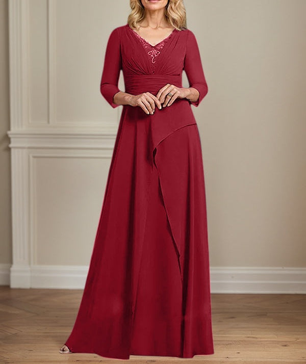 A-line V-Neck Floor-Length Chiffon Mother of the Bride Dress With Pleated Beading