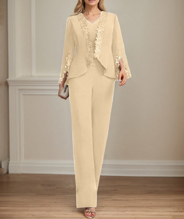 Separates Jumpsuit/Pantsuit V-Neck Floor-Length Chiffon Mother of the Bride Dress