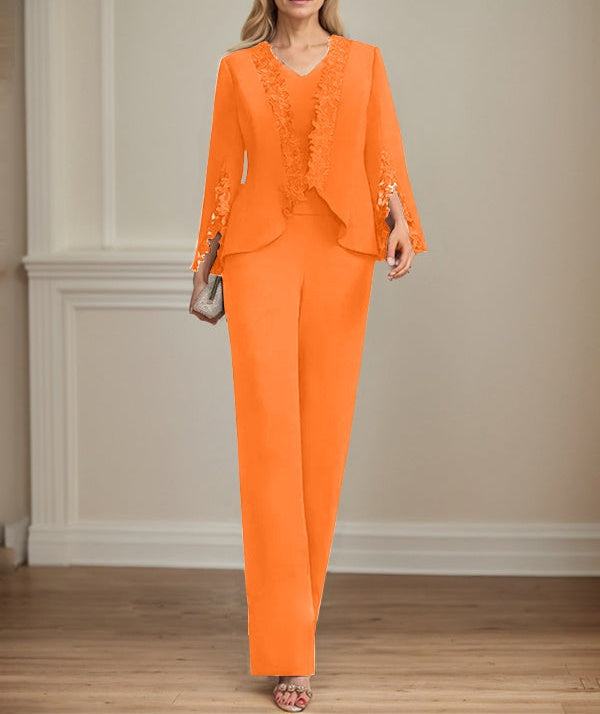 Separates Jumpsuit/Pantsuit V-Neck Floor-Length Chiffon Mother of the Bride Dress