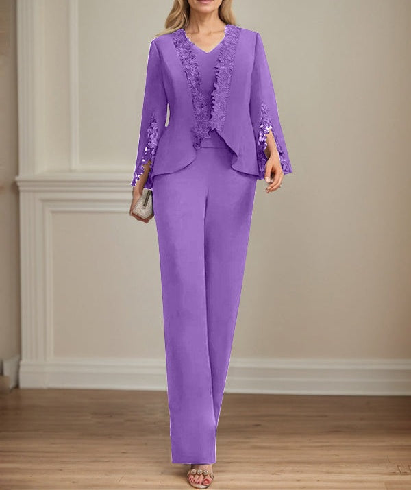 Separates Jumpsuit/Pantsuit V-Neck Floor-Length Chiffon Mother of the Bride Dress