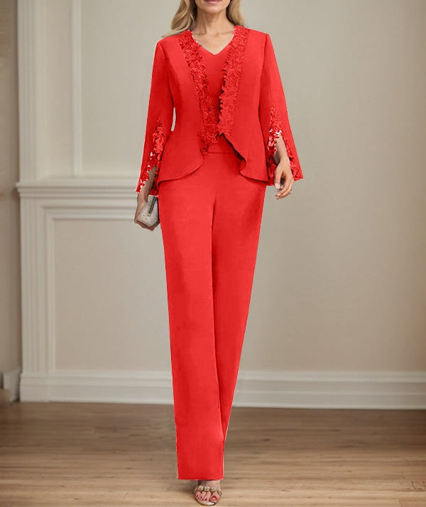 Separates Jumpsuit/Pantsuit V-Neck Floor-Length Chiffon Mother of the Bride Dress
