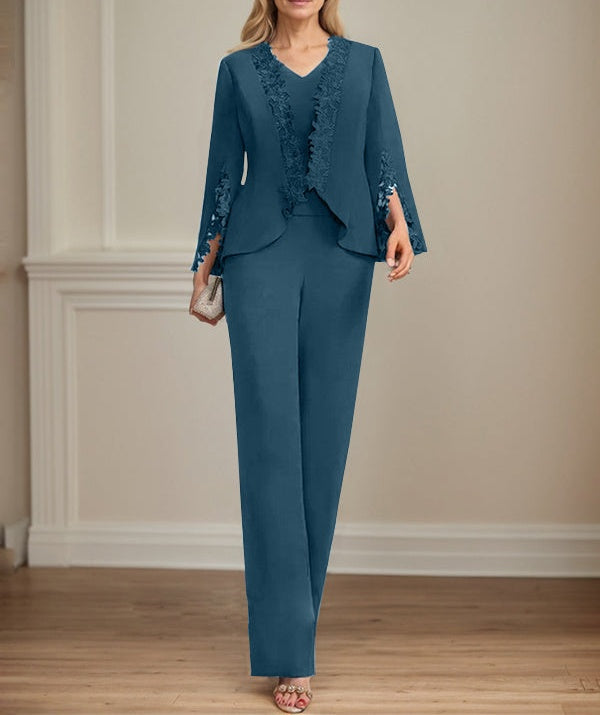 Separates Jumpsuit/Pantsuit V-Neck Floor-Length Chiffon Mother of the Bride Dress