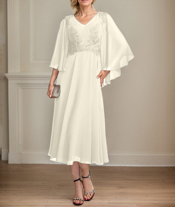 A-line V-Neck Tea-Length Chiffon Lace Mother of the Bride Dress With Beading Sequins
