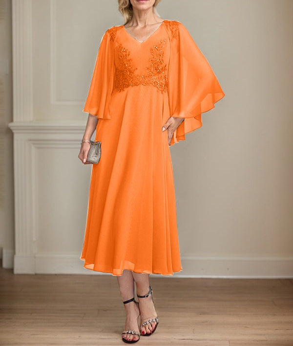 A-line V-Neck Tea-Length Chiffon Lace Mother of the Bride Dress With Beading Sequins