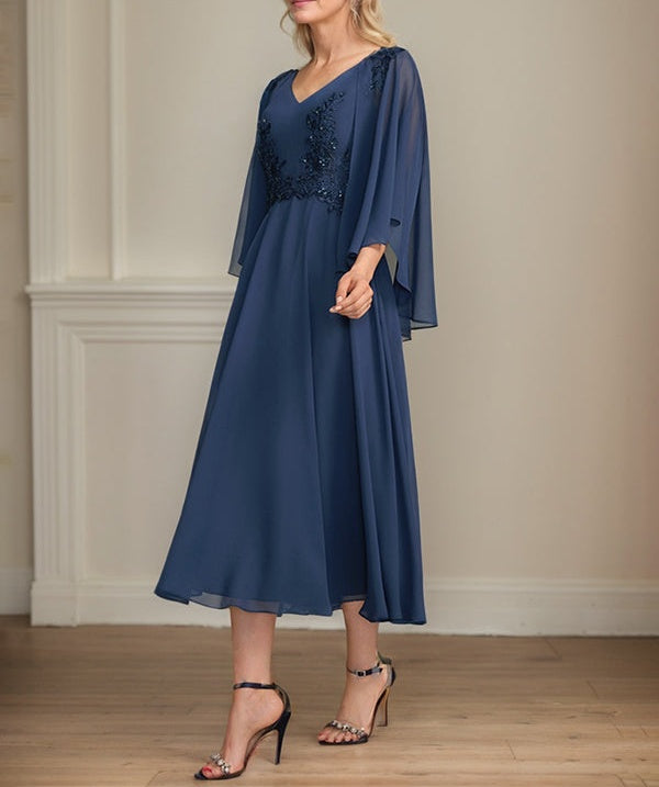 A-line V-Neck Tea-Length Chiffon Lace Mother of the Bride Dress With Beading Sequins