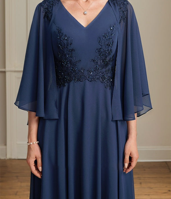 A-line V-Neck Tea-Length Chiffon Lace Mother of the Bride Dress With Beading Sequins