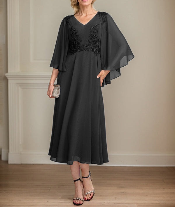 A-line V-Neck Tea-Length Chiffon Lace Mother of the Bride Dress With Beading Sequins