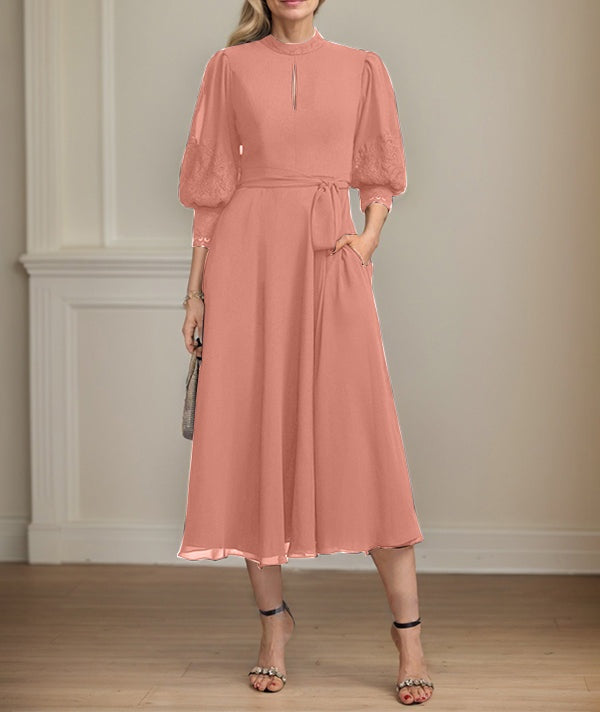 A-line High Neck Tea-Length Lace Chiffon Mother of the Bride Dress With Bow