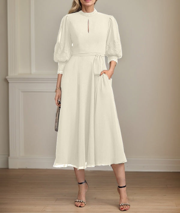 A-line High Neck Tea-Length Lace Chiffon Mother of the Bride Dress With Bow