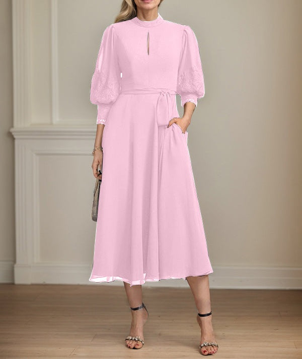 A-line High Neck Tea-Length Lace Chiffon Mother of the Bride Dress With Bow