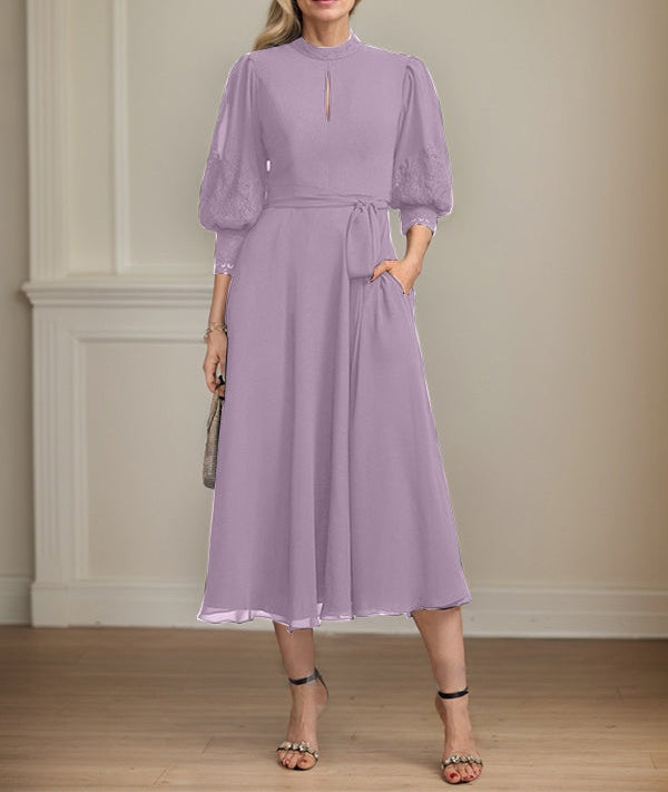 A-line High Neck Tea-Length Lace Chiffon Mother of the Bride Dress With Bow
