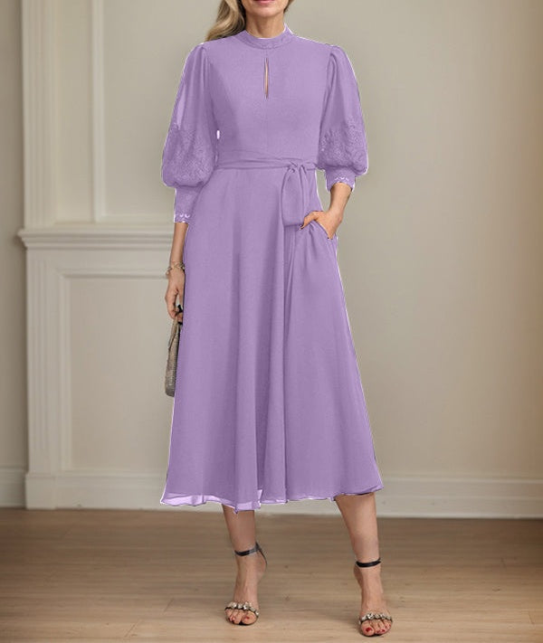 A-line High Neck Tea-Length Lace Chiffon Mother of the Bride Dress With Bow