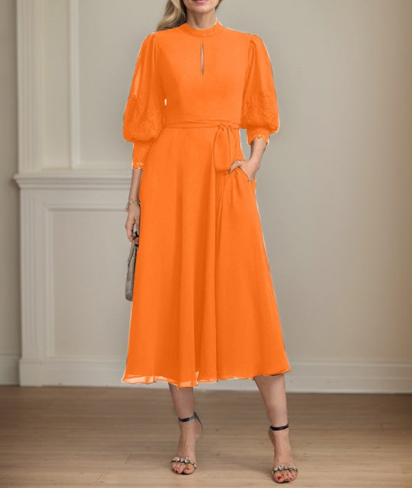 A-line High Neck Tea-Length Lace Chiffon Mother of the Bride Dress With Bow