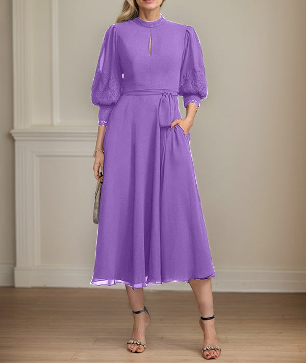 A-line High Neck Tea-Length Lace Chiffon Mother of the Bride Dress With Bow