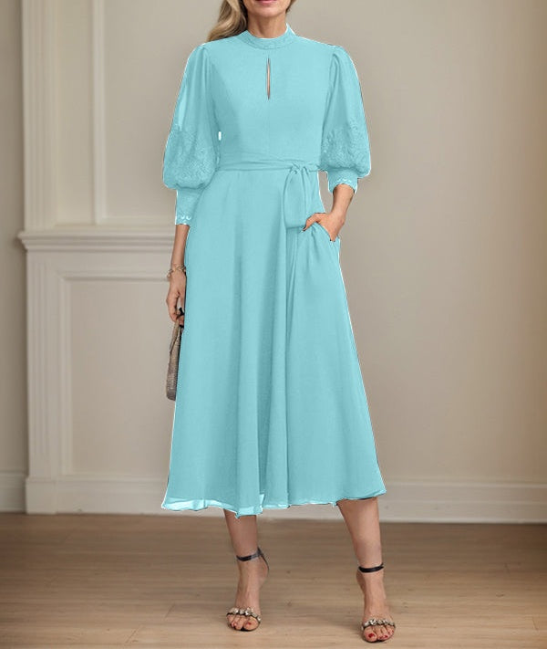 A-line High Neck Tea-Length Lace Chiffon Mother of the Bride Dress With Bow