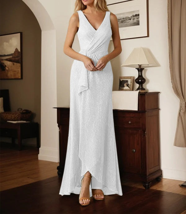 A-Line V-Neck Ruched Metallic Mesh Dress