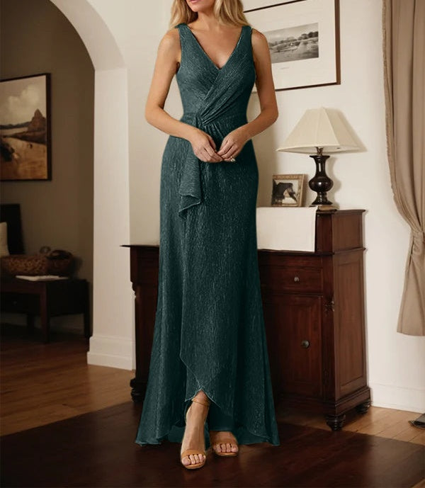 A-Line V-Neck Ruched Metallic Mesh Dress
