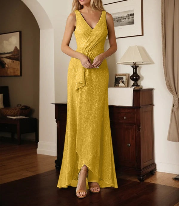 A-Line V-Neck Ruched Metallic Mesh Dress