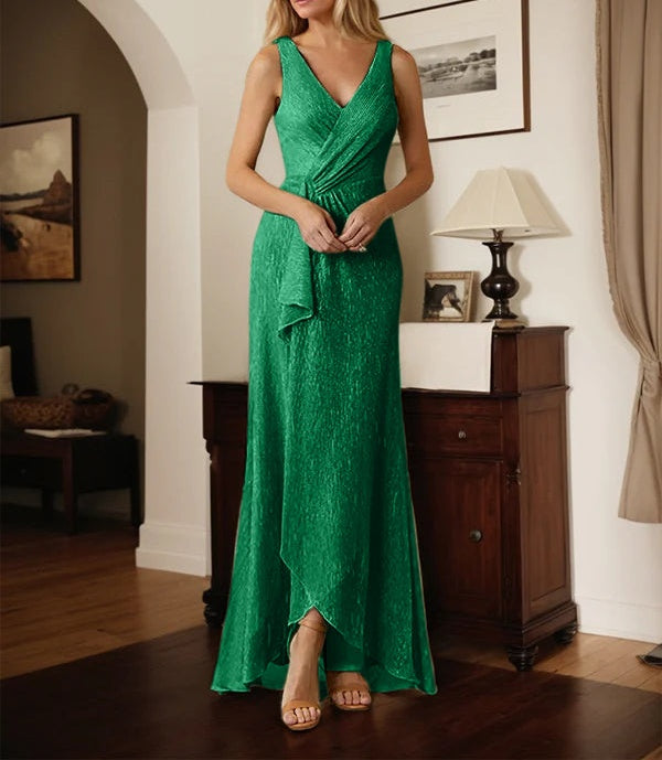 A-Line V-Neck Ruched Metallic Mesh Dress