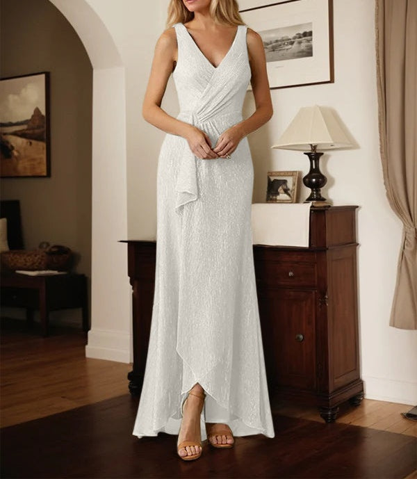 A-Line V-Neck Ruched Metallic Mesh Dress