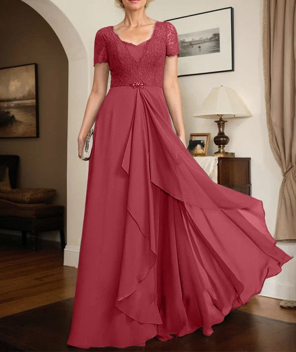 A-line Sweetheart Floor-Length Chiffon Lace Mother of the Bride Dress With Beading Cascading Ruffles