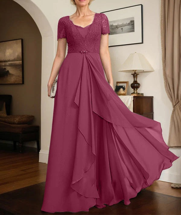 A-line Sweetheart Floor-Length Chiffon Lace Mother of the Bride Dress With Beading Cascading Ruffles