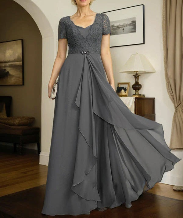 A-line Sweetheart Floor-Length Chiffon Lace Mother of the Bride Dress With Beading Cascading Ruffles