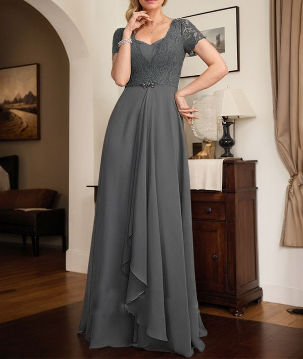 A-line Sweetheart Floor-Length Chiffon Lace Mother of the Bride Dress With Beading Cascading Ruffles
