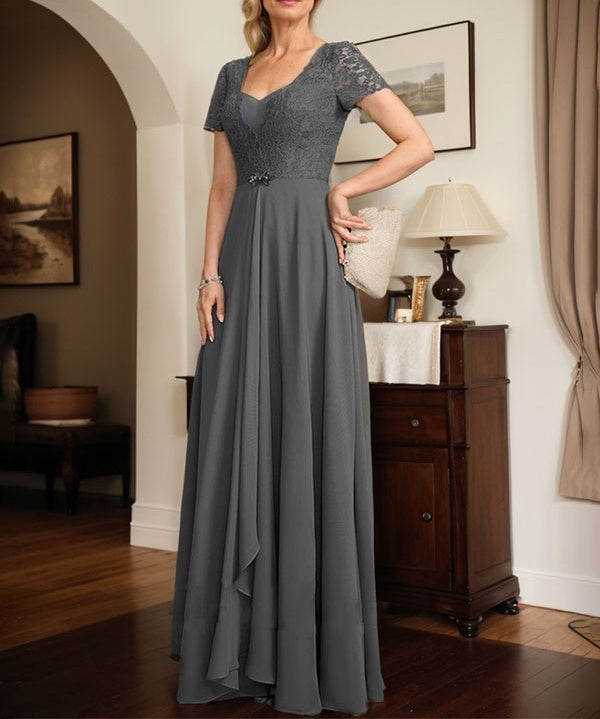 A-line Sweetheart Floor-Length Chiffon Lace Mother of the Bride Dress With Beading Cascading Ruffles