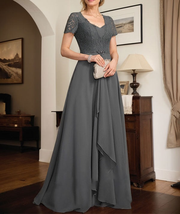 A-line Sweetheart Floor-Length Chiffon Lace Mother of the Bride Dress With Beading Cascading Ruffles