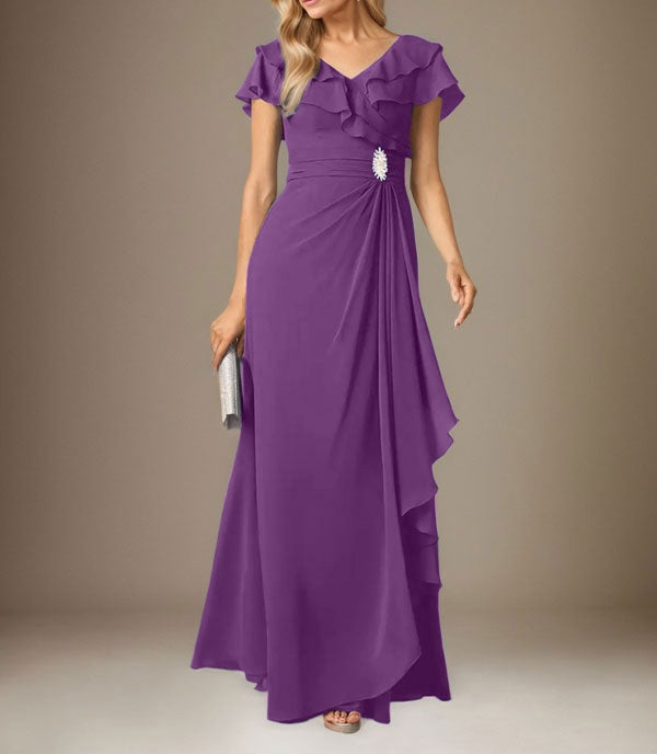 Stormy A-Line V-Neck Ruched Chiffon Dress
