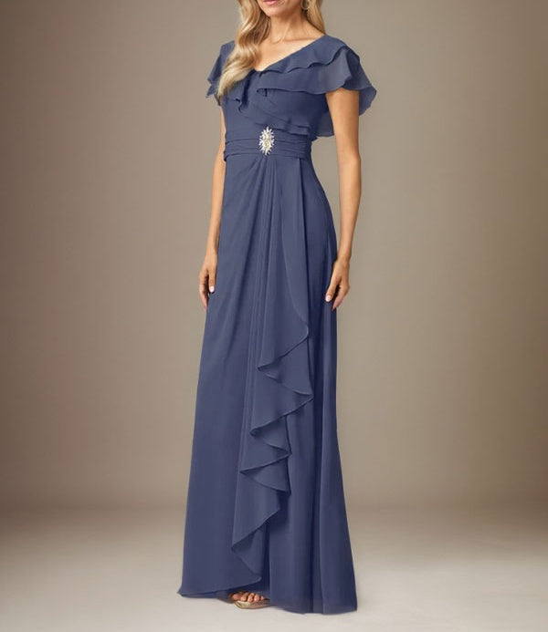 Stormy A-Line V-Neck Ruched Chiffon Dress