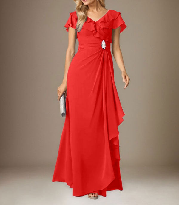 Stormy A-Line V-Neck Ruched Chiffon Dress