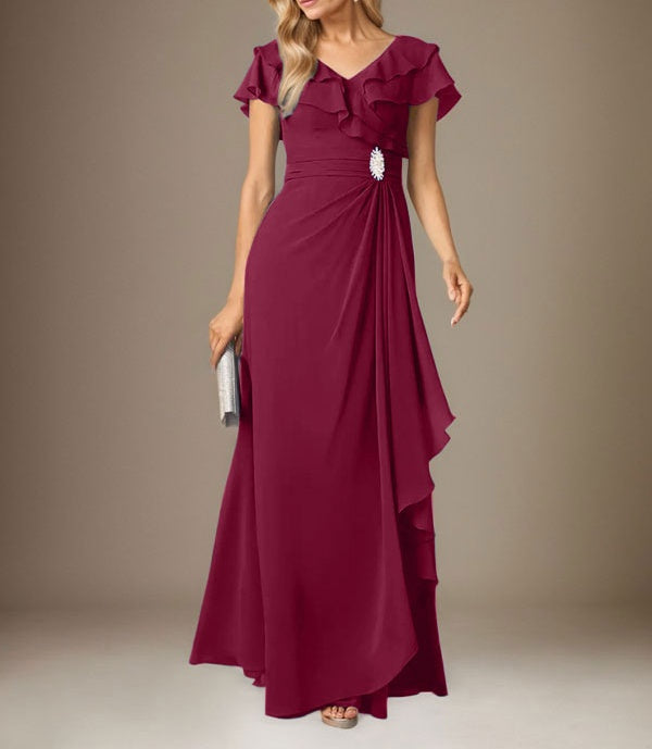 Stormy A-Line V-Neck Ruched Chiffon Dress