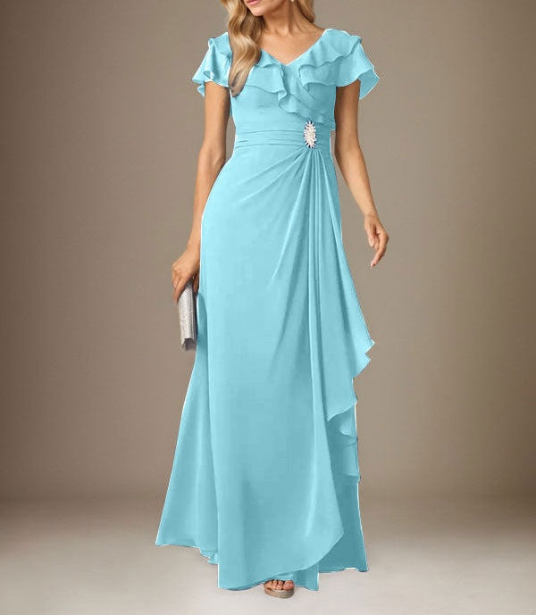 Stormy A-Line V-Neck Ruched Chiffon Dress