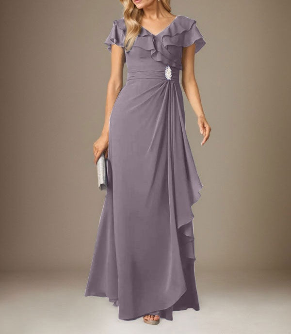 Stormy A-Line V-Neck Ruched Chiffon Dress