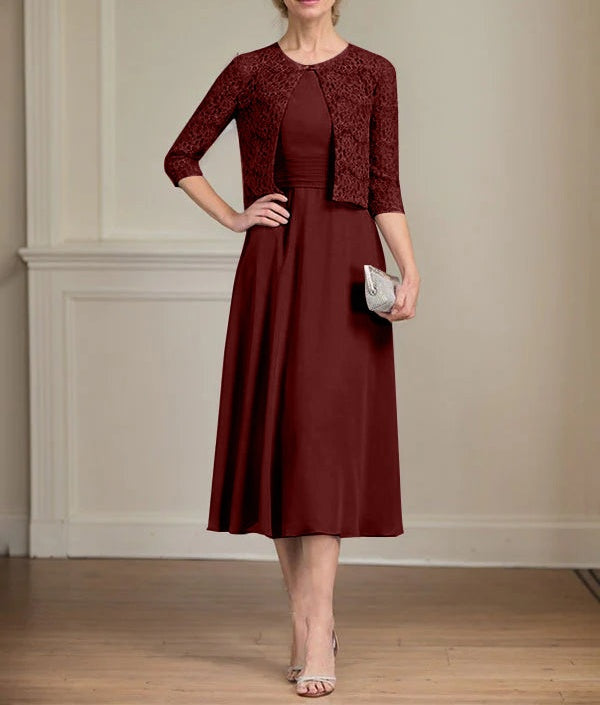 A-line Scoop Tea-Length Chiffon Mother of the Bride Dress With Pleated