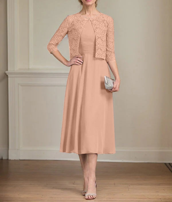 A-line Scoop Tea-Length Chiffon Mother of the Bride Dress With Pleated