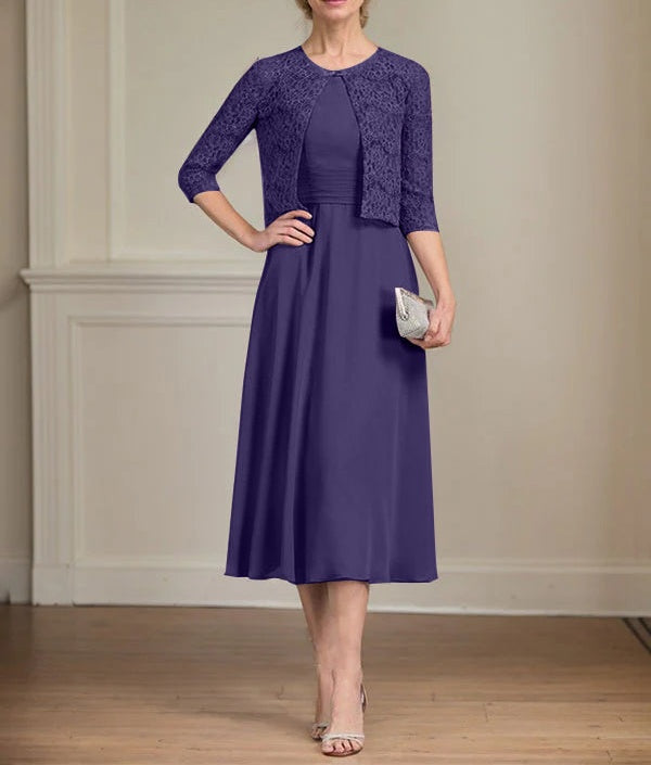 A-line Scoop Tea-Length Chiffon Mother of the Bride Dress With Pleated