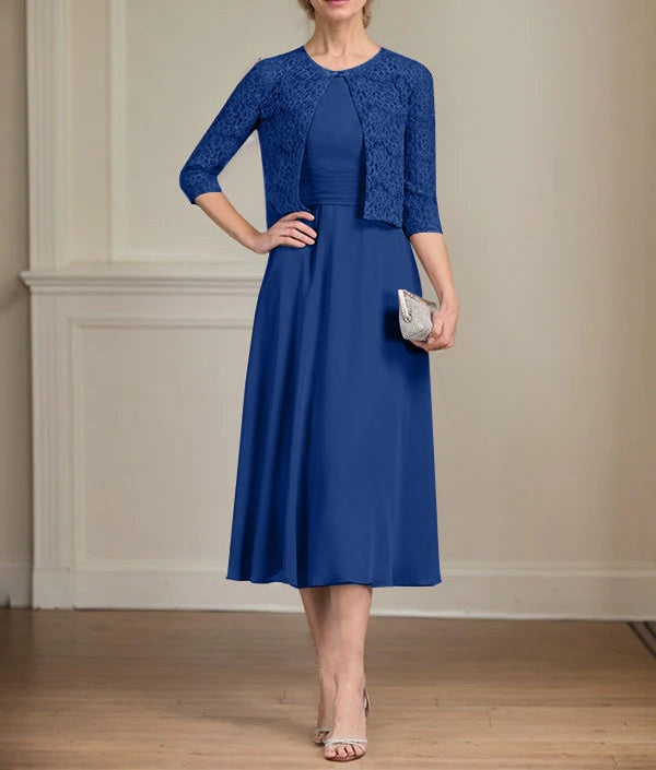 A-line Scoop Tea-Length Chiffon Mother of the Bride Dress With Pleated