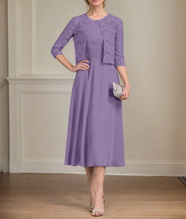 A-line Scoop Tea-Length Chiffon Mother of the Bride Dress With Pleated