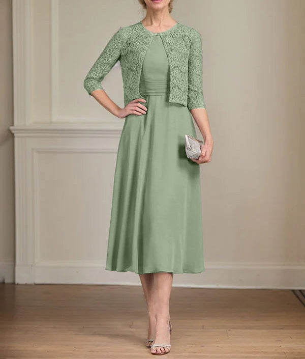 A-line Scoop Tea-Length Chiffon Mother of the Bride Dress With Pleated