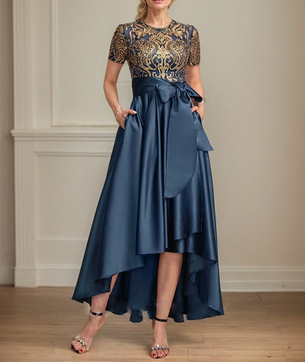 A-line Scoop Asymmetrical Satin Sequin Lace Mother of the Bride Dress With Bow