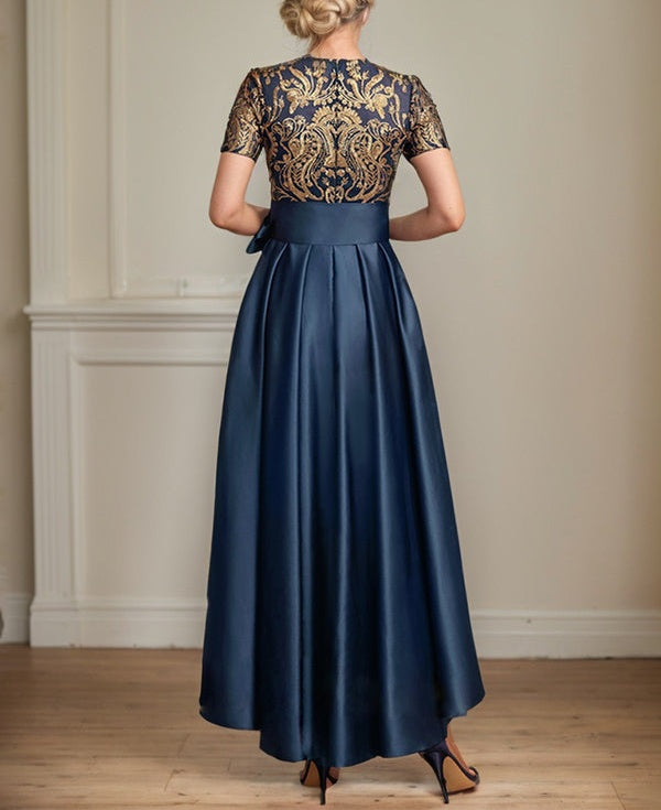 A-line Scoop Asymmetrical Satin Sequin Lace Mother of the Bride Dress With Bow