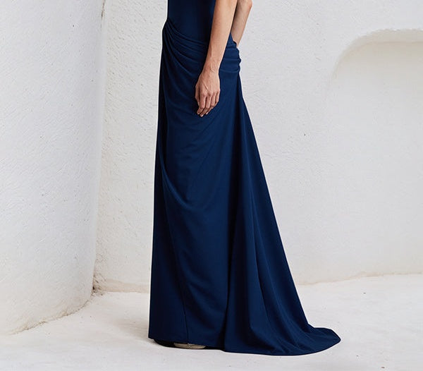 Royal Blue Sheath/Column Off The Shoulder Floor Length Stretch Crepe Dress