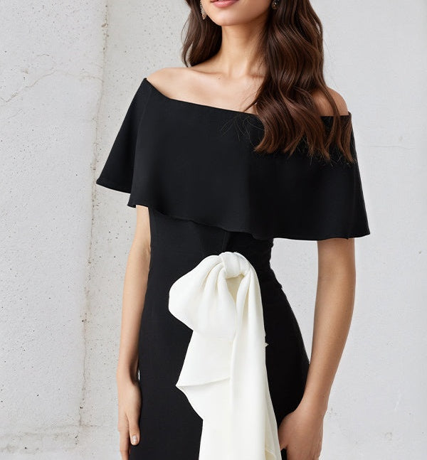 Sheath/Column Off The Shoulder Asymmetrical Length Dress With White Ruffles