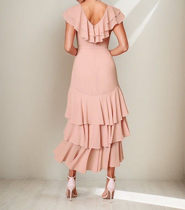 Pink Chiffon Dress V-Neck Short Sleeves Asymmetrical Length Dress with Ruffles