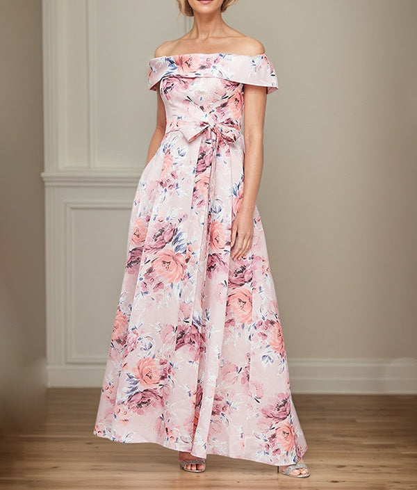 A-Line Off the Shoulder Bowknot Satin Floral Mother of the Bride Dress